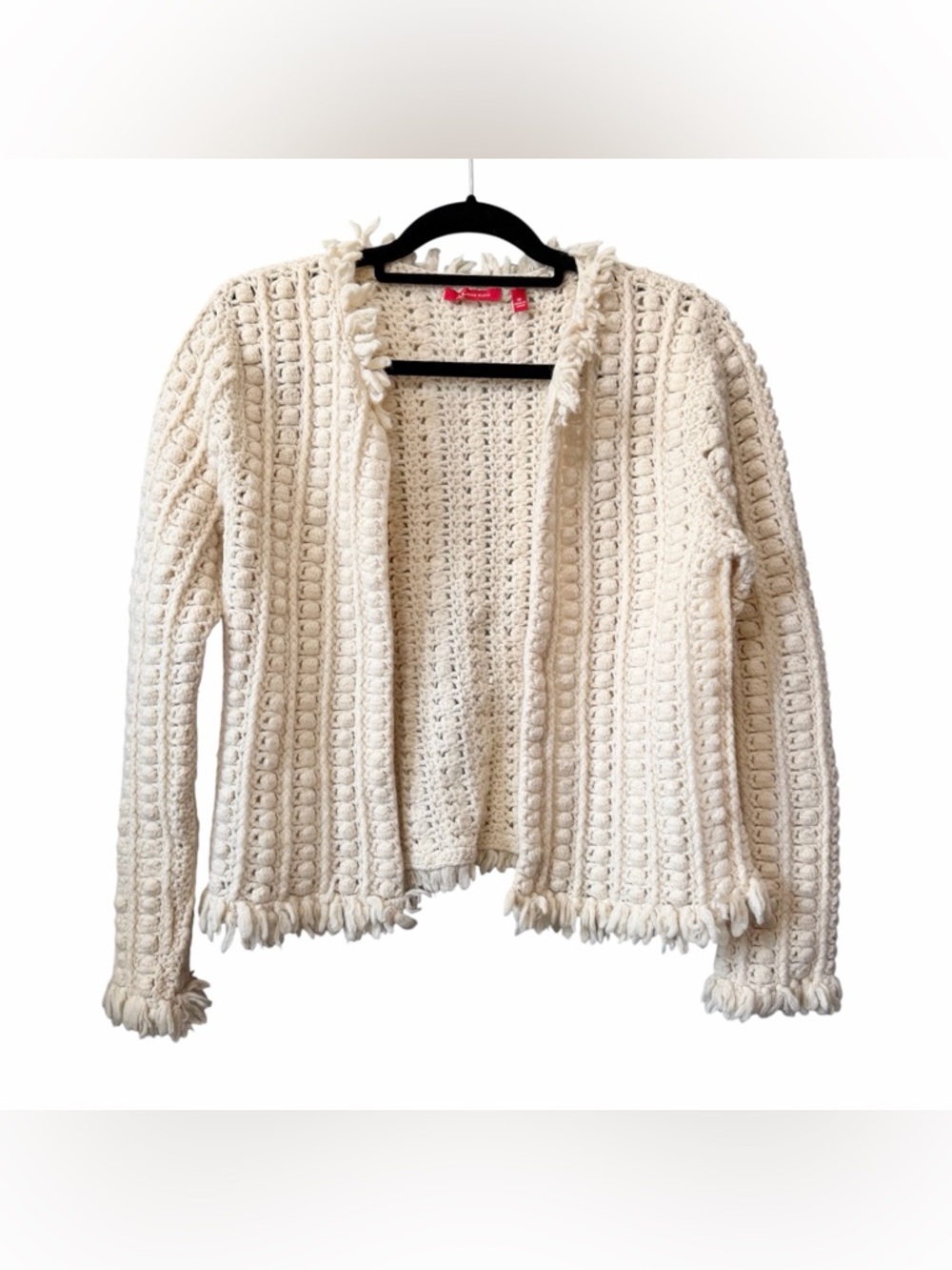 Anne Klein Crochet Fringe Open Front Lambswool Cardigan in Cream White Size M